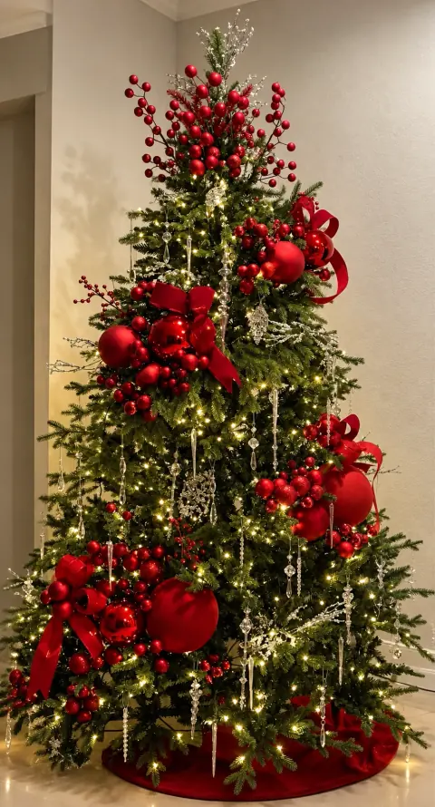 Detalhes de ornamentos, luzes e cristais em uma árvore de Natal.