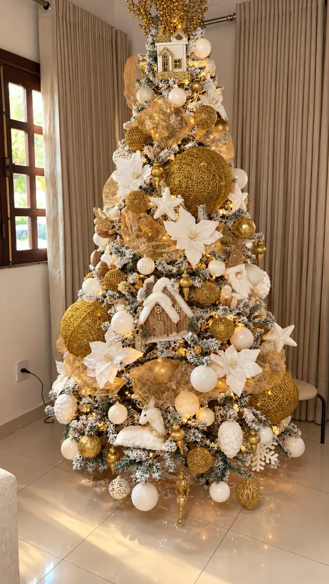 Árvore natalina branca e dourada com flores, folhagens nevadas e ornamentos iluminados.